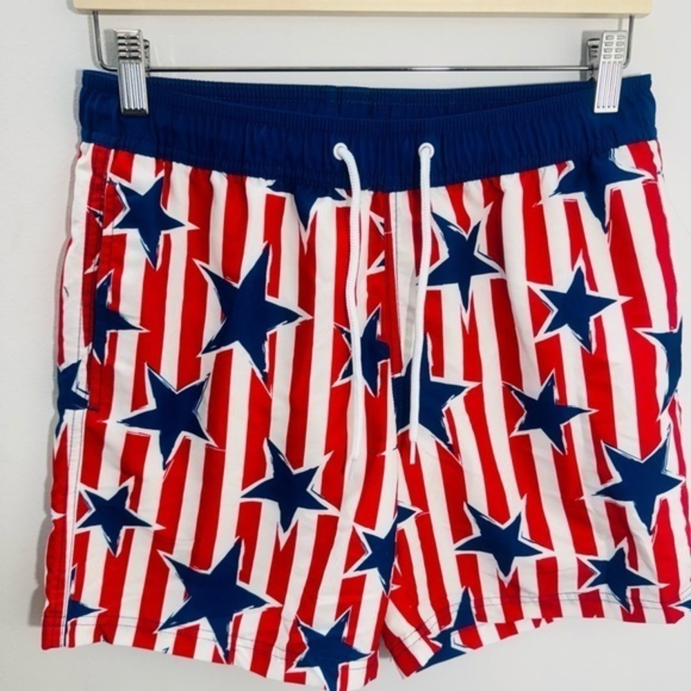 Mad Engine Swim Shorts Men S Blue Red Star Print Striped Americana Thermal Lined